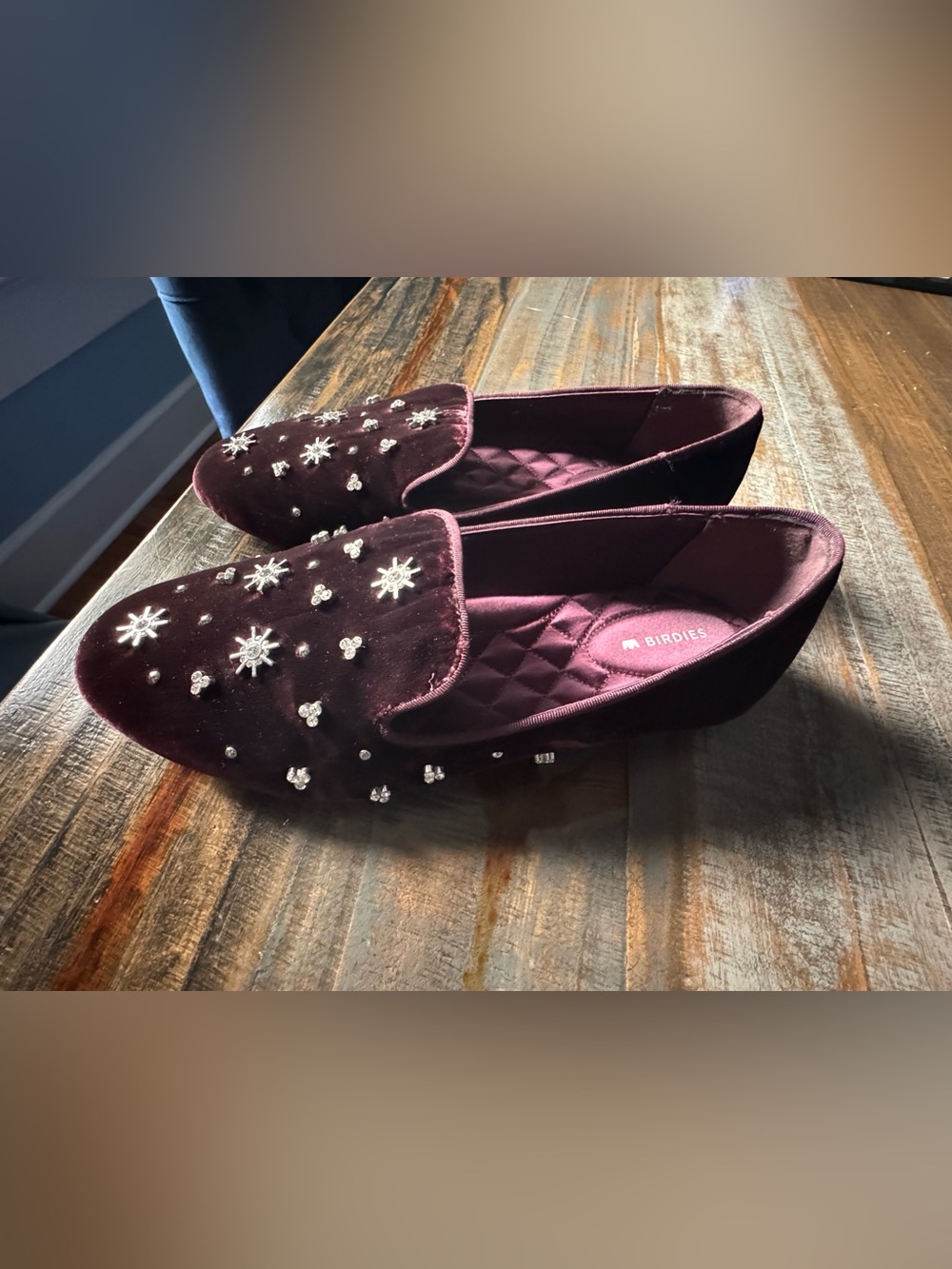 Birdies Burgundy Velvet Crystal-Embellished Loafers